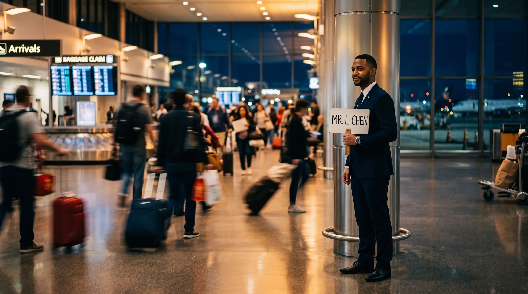 Chauffeur holding a name board in an airport arrivals hall