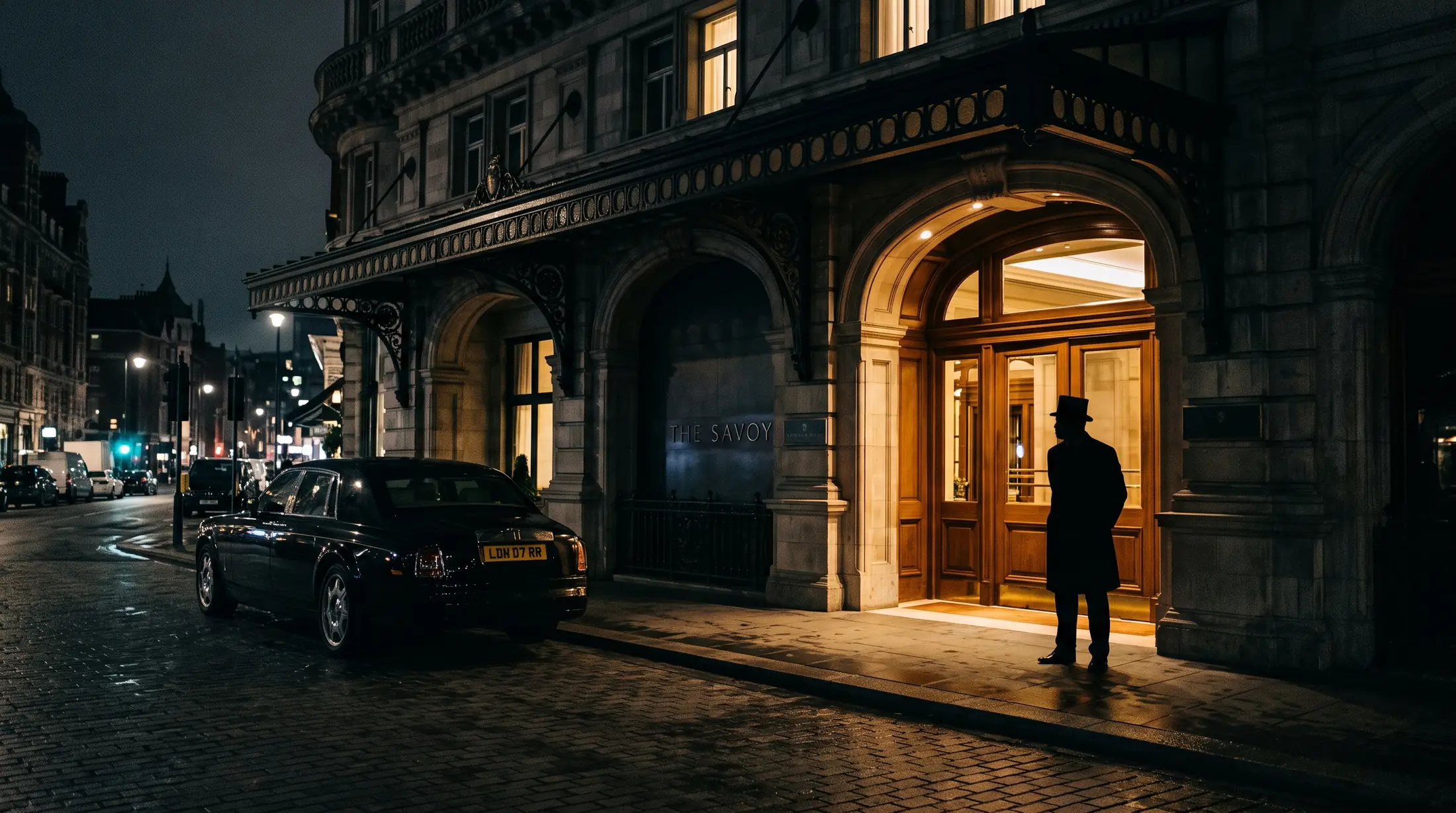 Car waiting at a hotel entrance at night