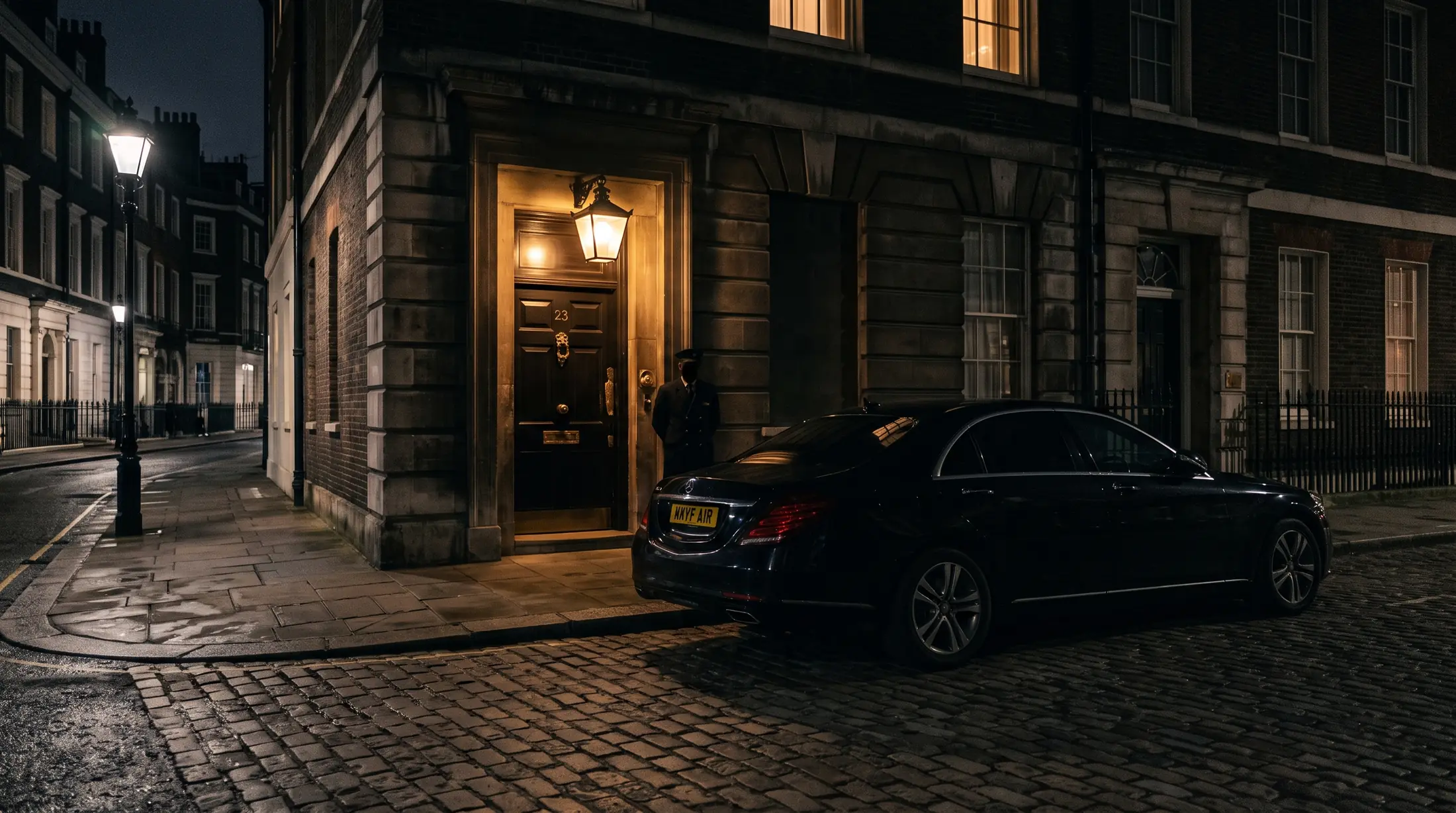 A car waiting outside a members' club entrance at night