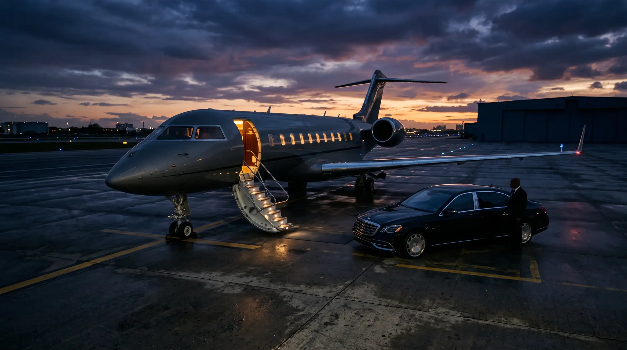 Private jet on the tarmac with a chauffeur car waiting