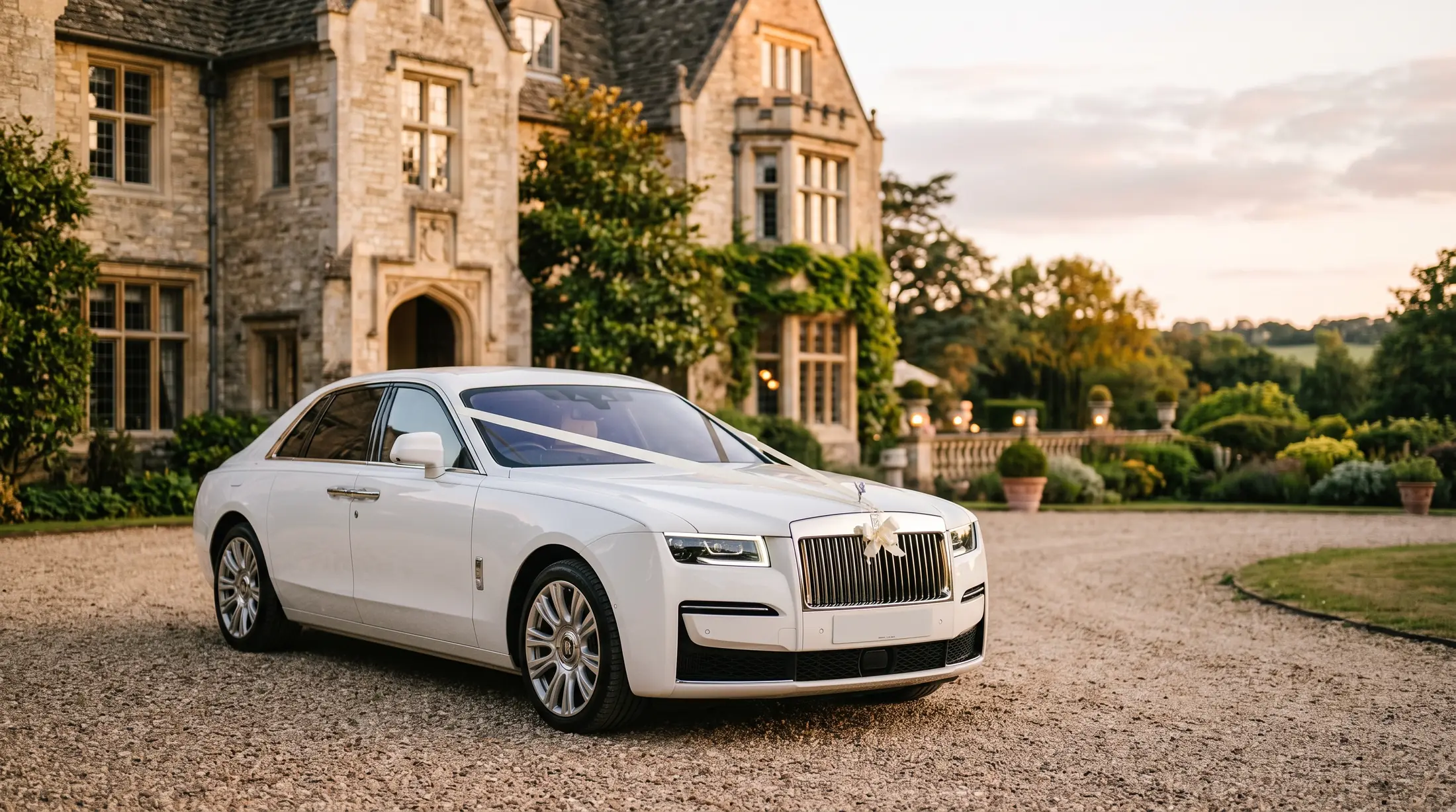 A Rolls-Royce Ghost parked at a wedding venue